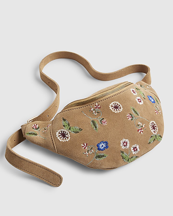 Beige Suede Embroidered Bum Bag