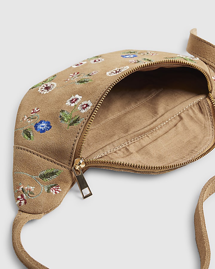 Beige Suede Embroidered Bum Bag