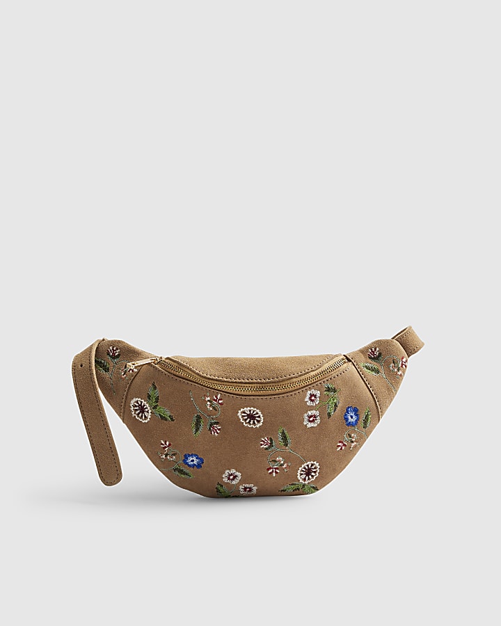 Beige Suede Embroidered Bum Bag