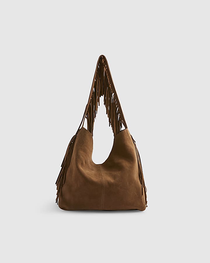 Brown Suede Studded Fringed Shoulder Bag