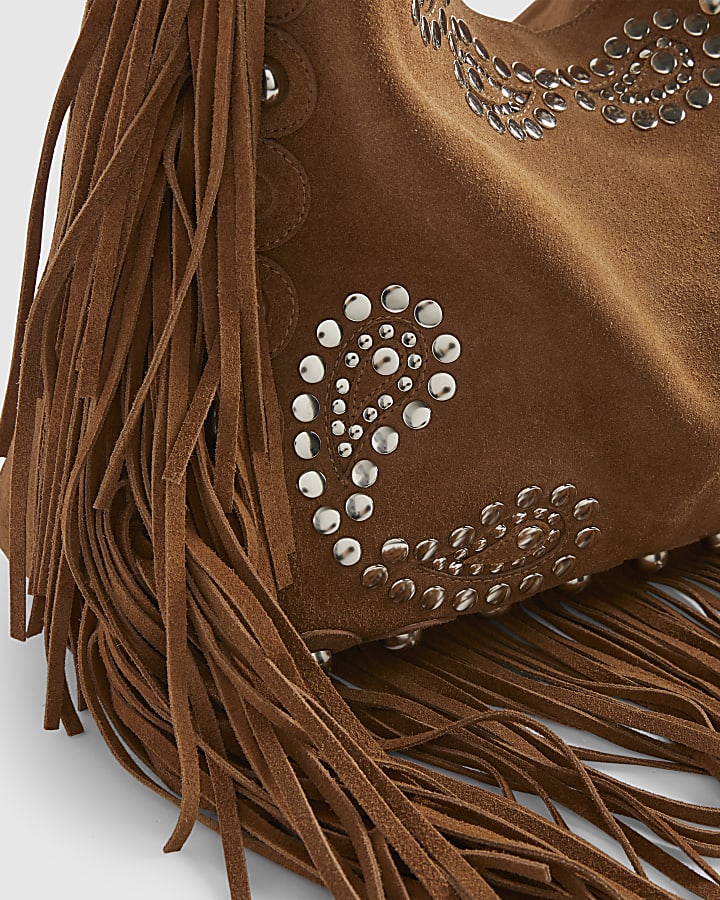Brown Suede Studded Fringed Shoulder Bag