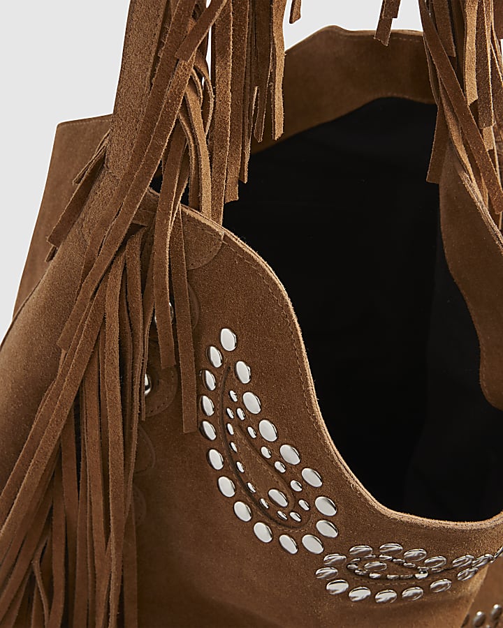 Brown Suede Studded Fringed Shoulder Bag