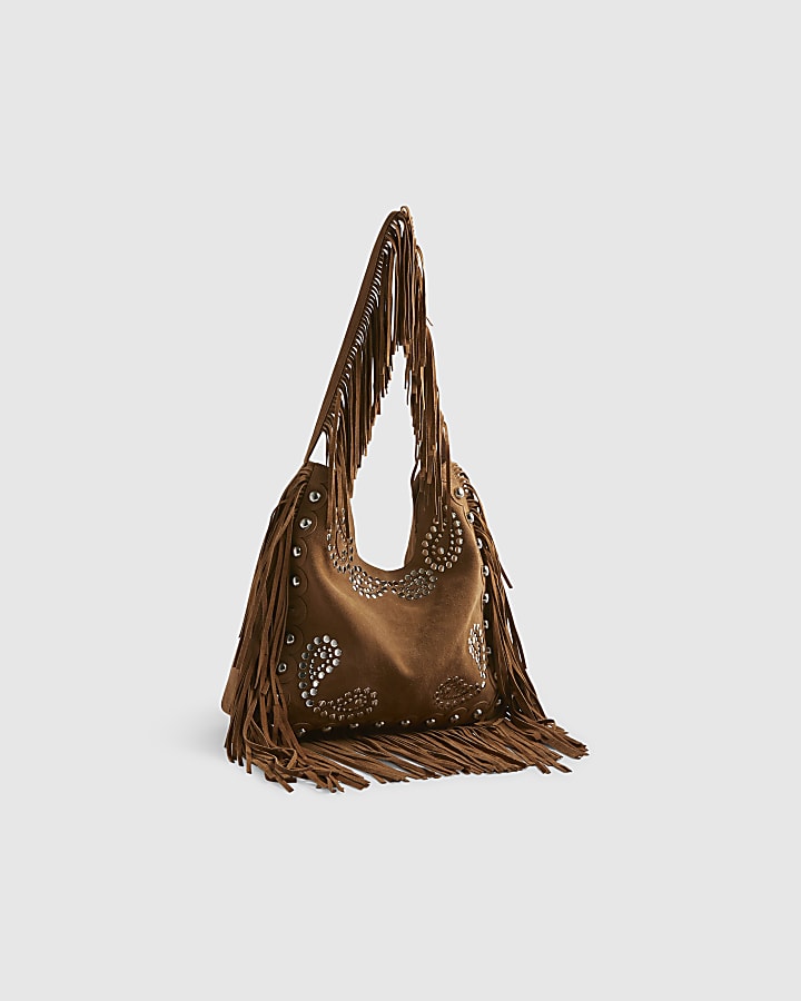 Brown Suede Studded Fringed Shoulder Bag