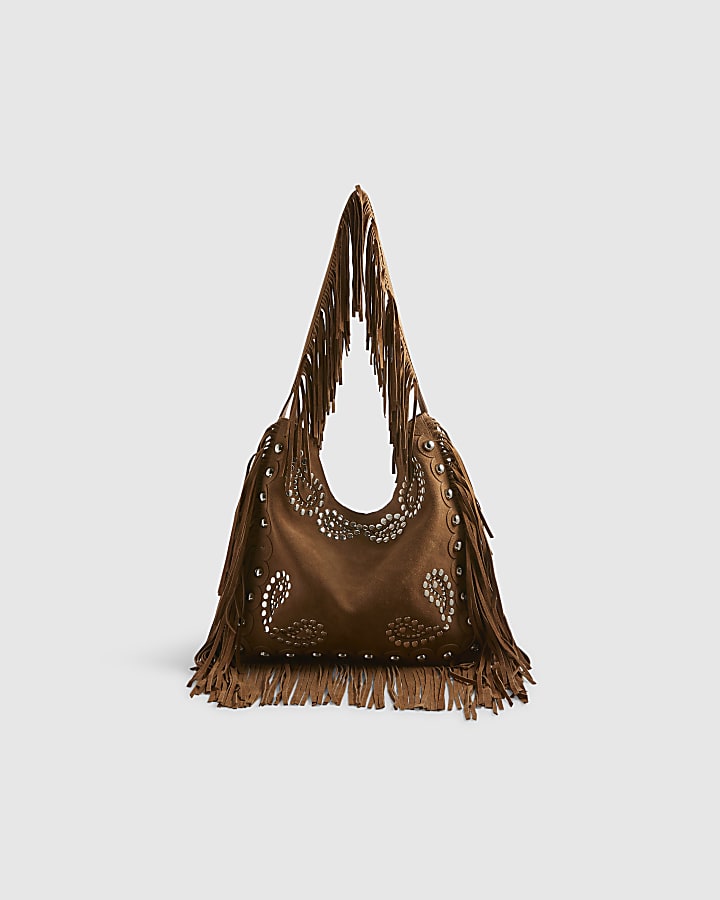 Brown Suede Studded Fringed Shoulder Bag