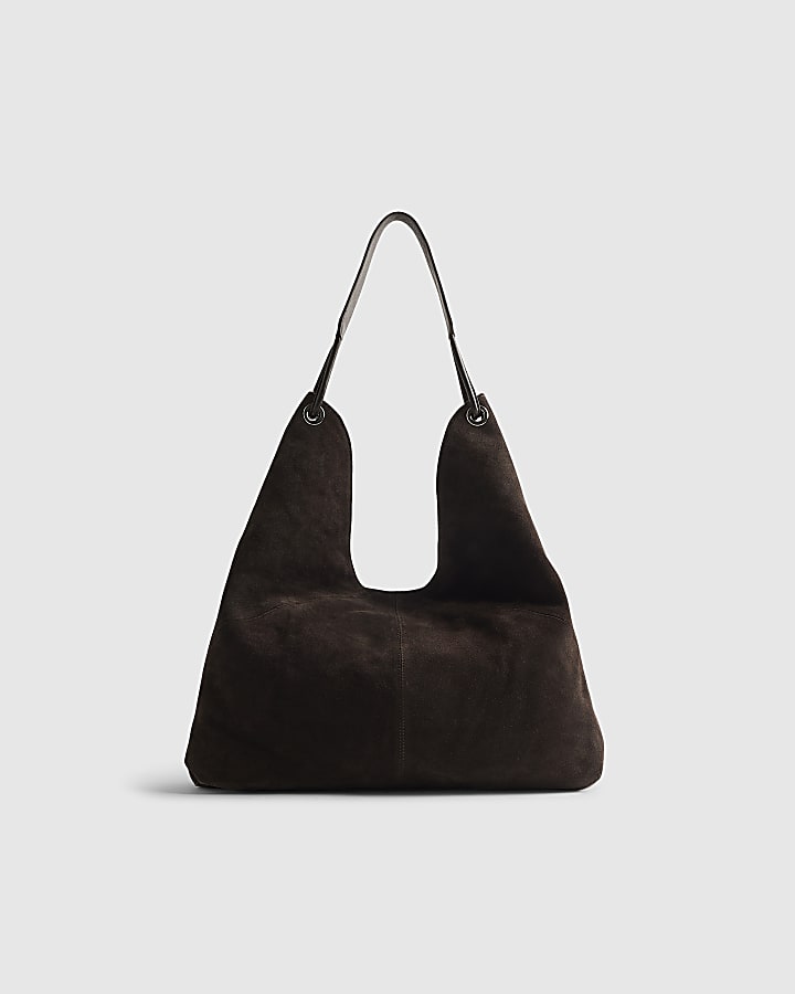 Brown Suede Studded Slouch Bag