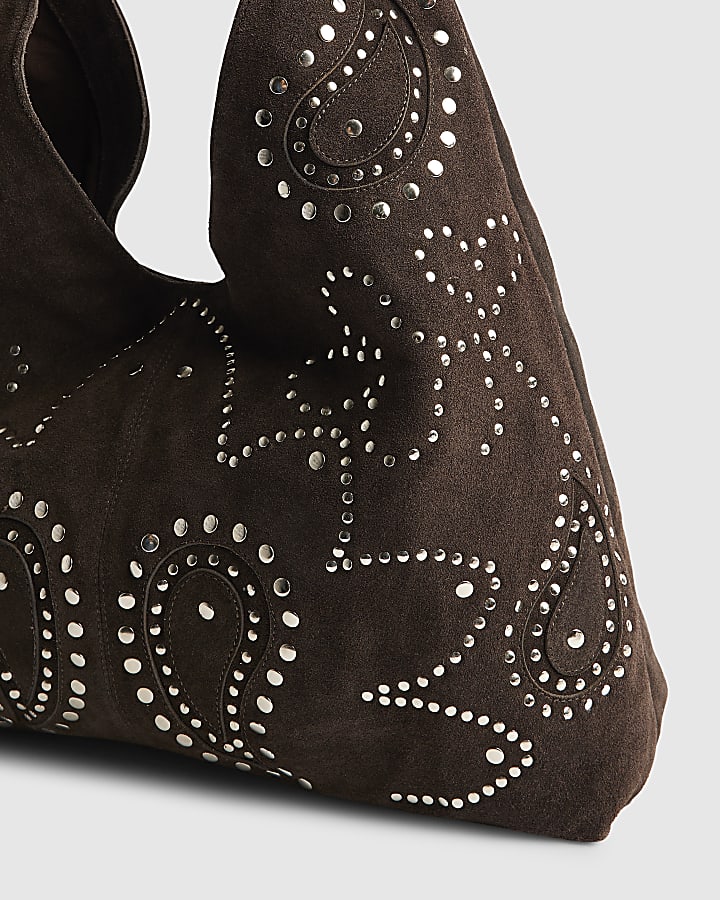 Brown Suede Studded Slouch Bag