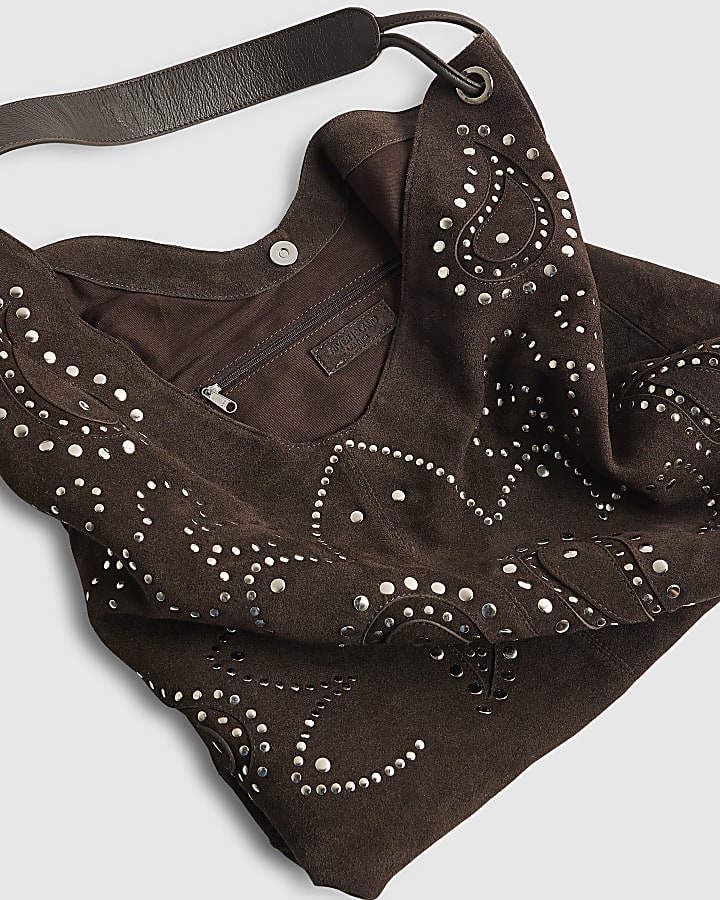 Brown Suede Studded Slouch Bag