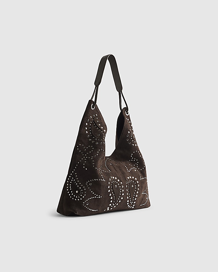 Brown Suede Studded Slouch Bag