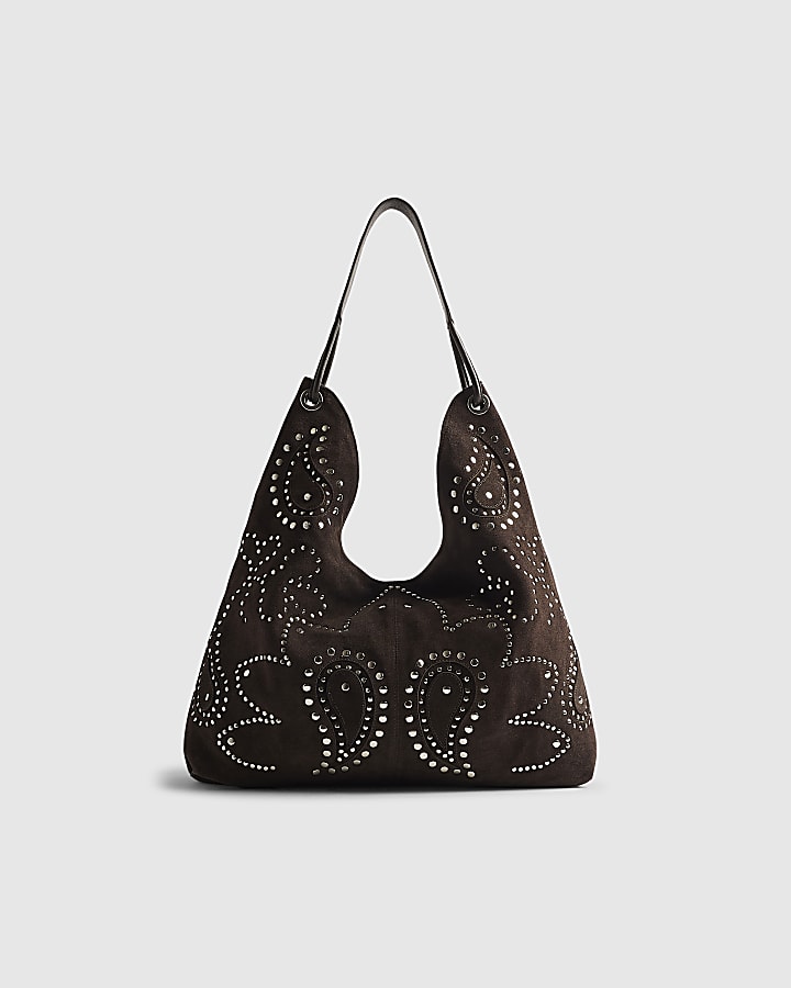 Brown Suede Studded Slouch Bag