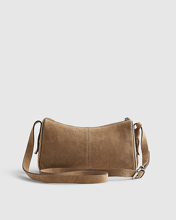 Beige Suede Studded Cross Body Bag