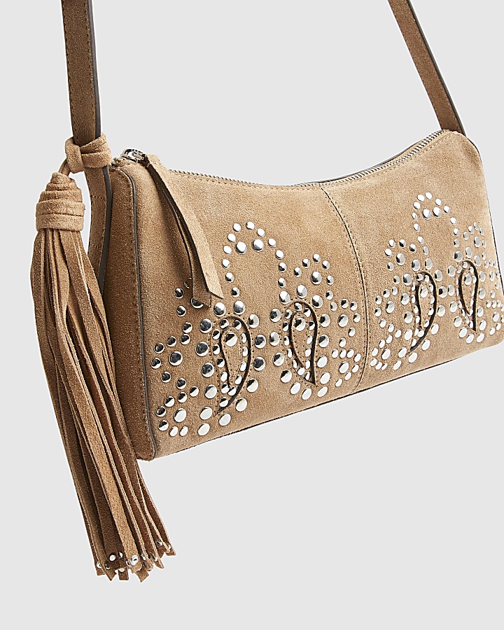 Beige Suede Studded Cross Body Bag