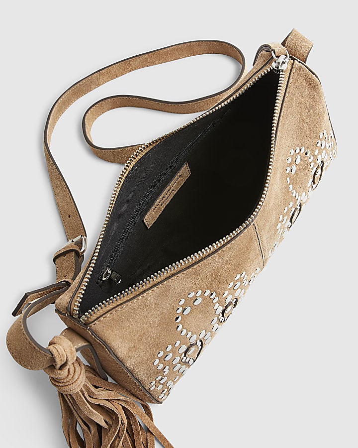 Beige Suede Studded Cross Body Bag