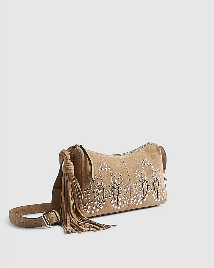 Beige Suede Studded Cross Body Bag