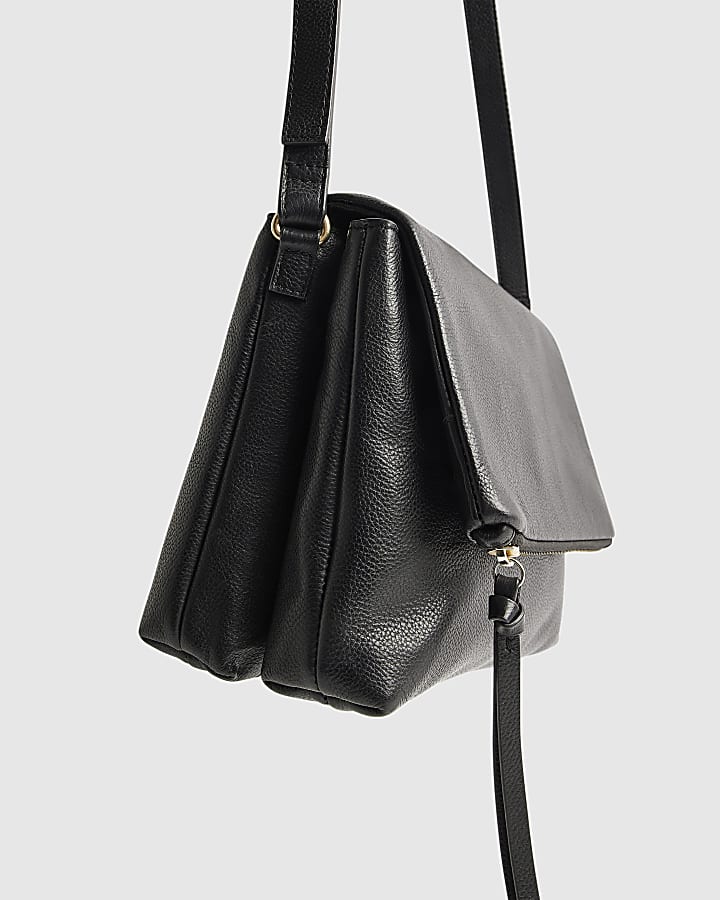 Black Leather Zip Flap Crossbody Bag