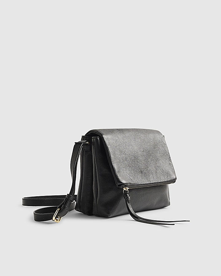 Black Leather Zip Flap Crossbody Bag
