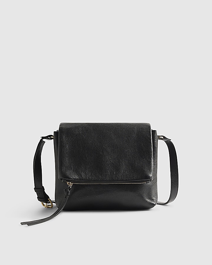 Black Leather Zip Flap Crossbody Bag