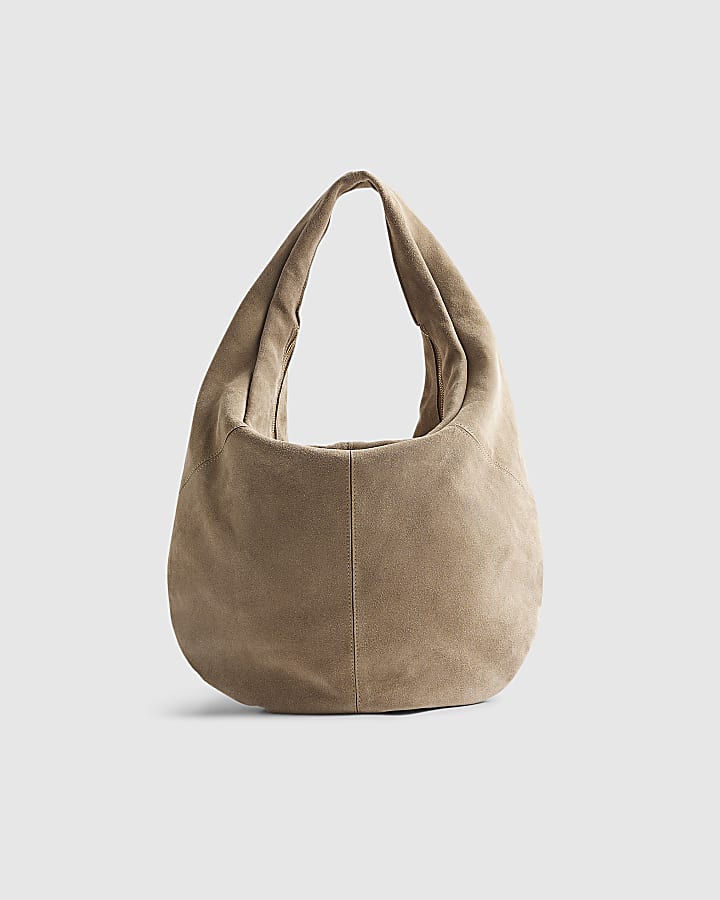 Beige Suede Zipped Slouch Shoulder Bag