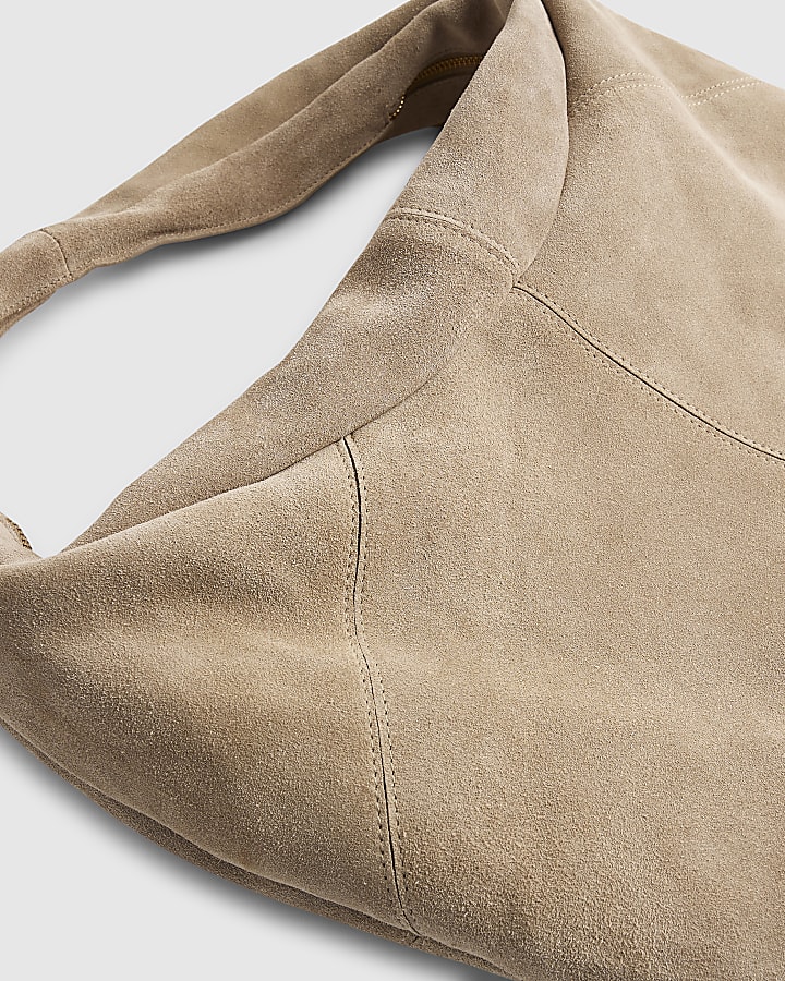 Beige Suede Zipped Slouch Shoulder Bag