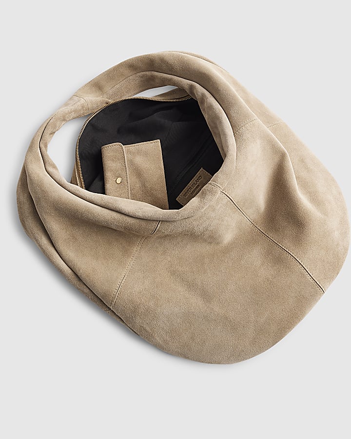 Beige Suede Zipped Slouch Shoulder Bag