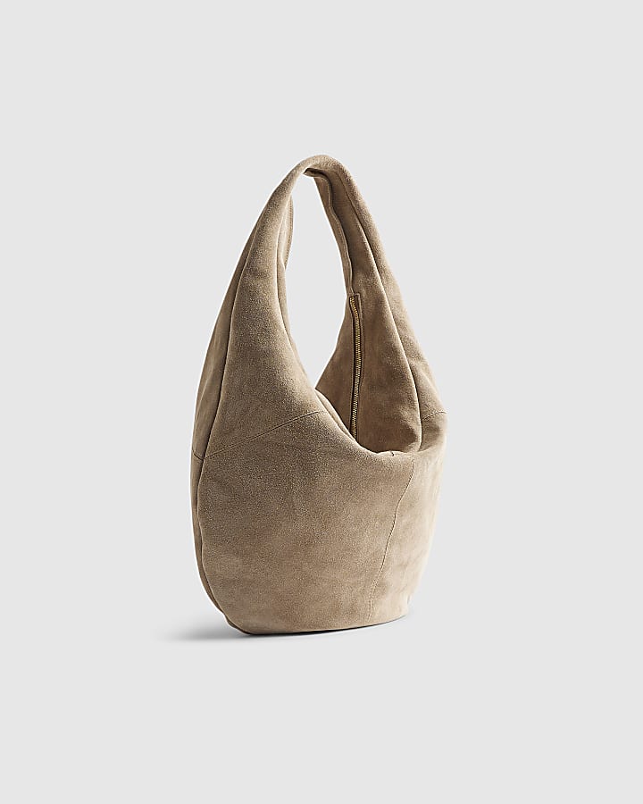 Beige Suede Zipped Slouch Shoulder Bag