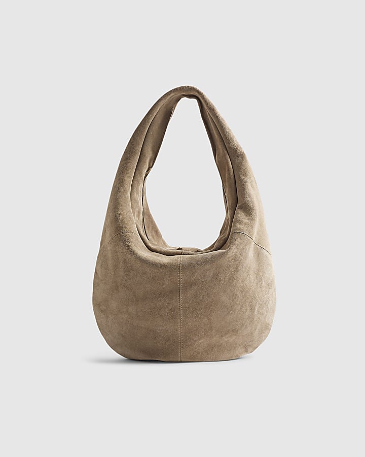 Beige Suede Zipped Slouch Shoulder Bag