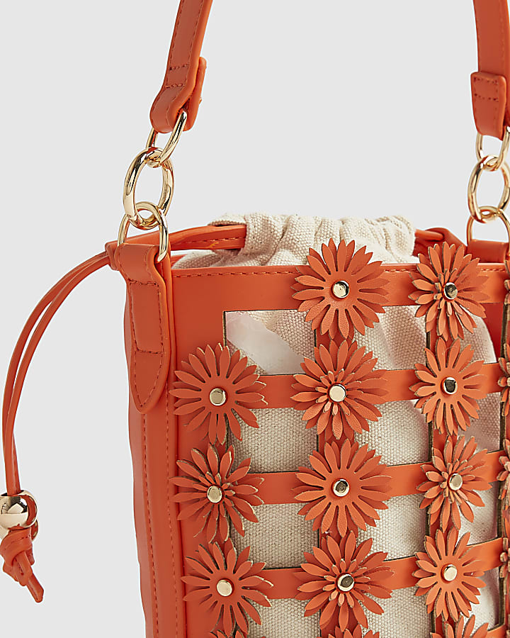 Orange 3D Floral Cut Out Bucket Bag
