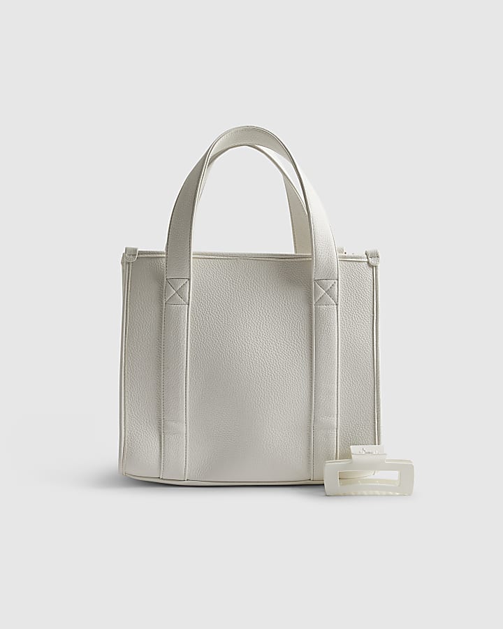 White Faux Leather Embroidered Tote Bag