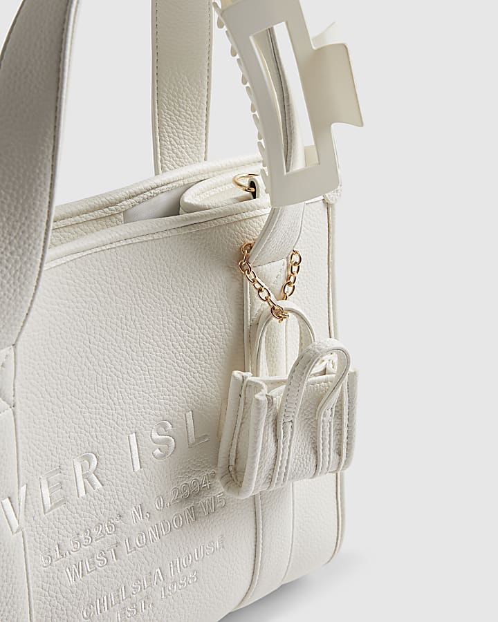 White Faux Leather Embroidered Tote Bag