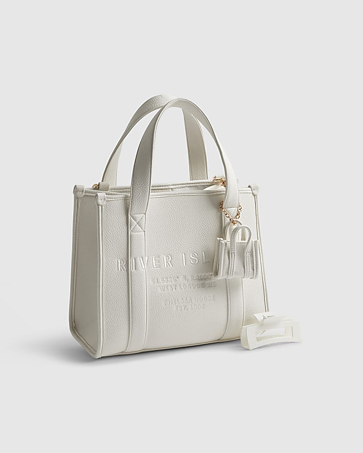 White Faux Leather Embroidered Tote Bag
