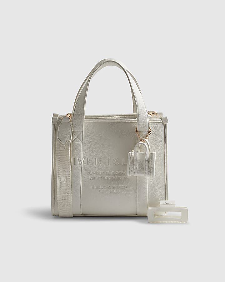 White Faux Leather Embroidered Tote Bag
