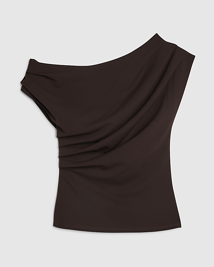 Brown Short Sleeve Drape Off Shoulder Top