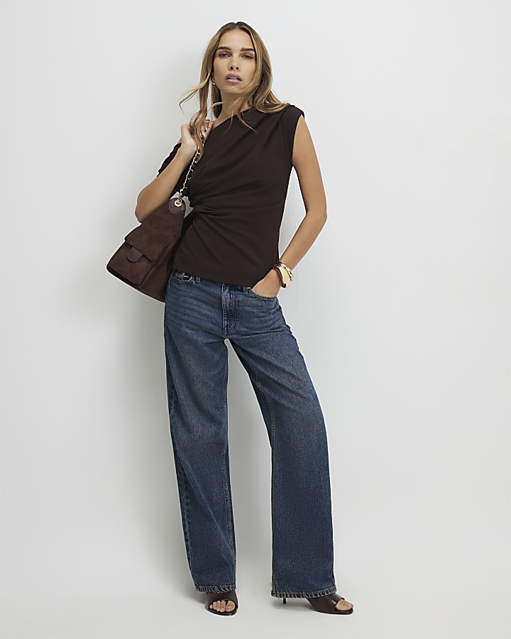 Brown Short Sleeve Drape Off Shoulder Top