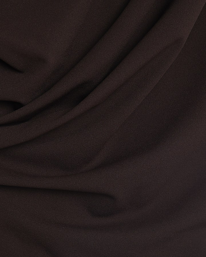 Brown Short Sleeve Drape Wrap Midi Dress