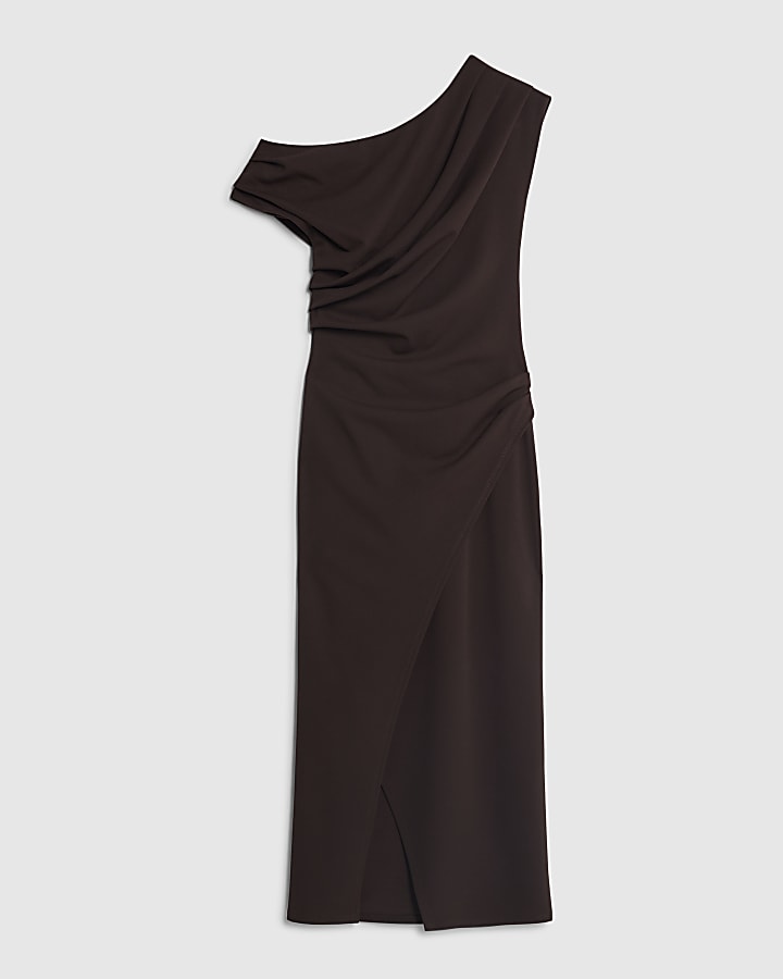 Brown Short Sleeve Drape Wrap Midi Dress