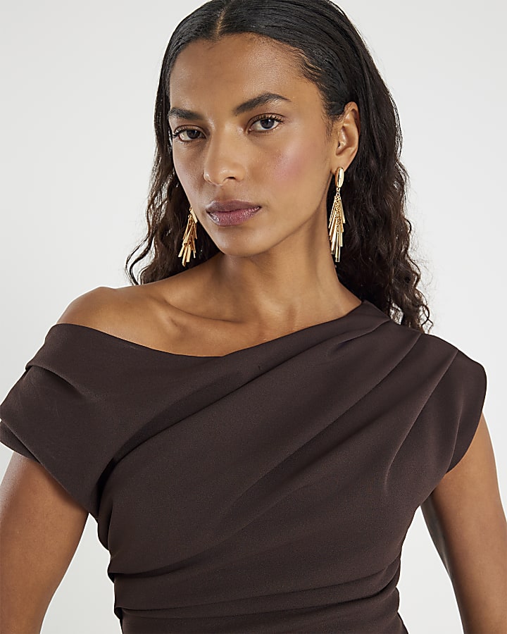 Brown Short Sleeve Drape Wrap Midi Dress