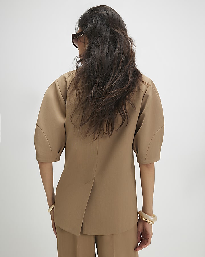Beige Short Sleeve Tailored Blazer