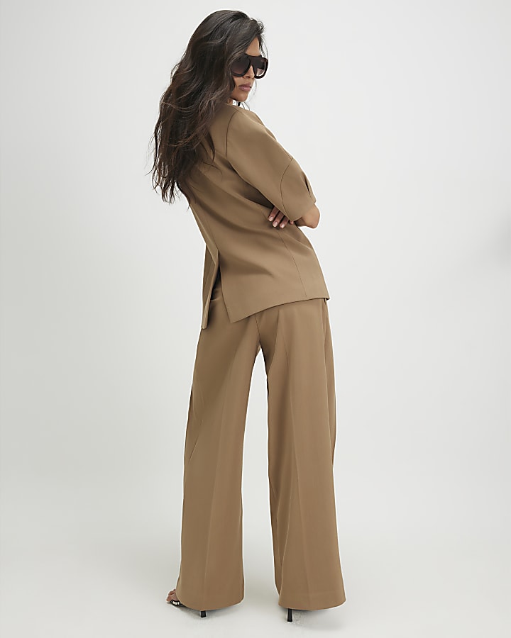 Beige Belted Barrel Leg Trousers