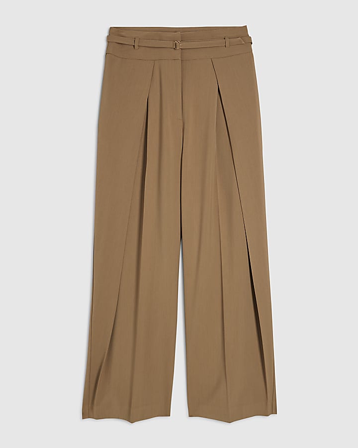 Beige Belted Wide Leg Trousers