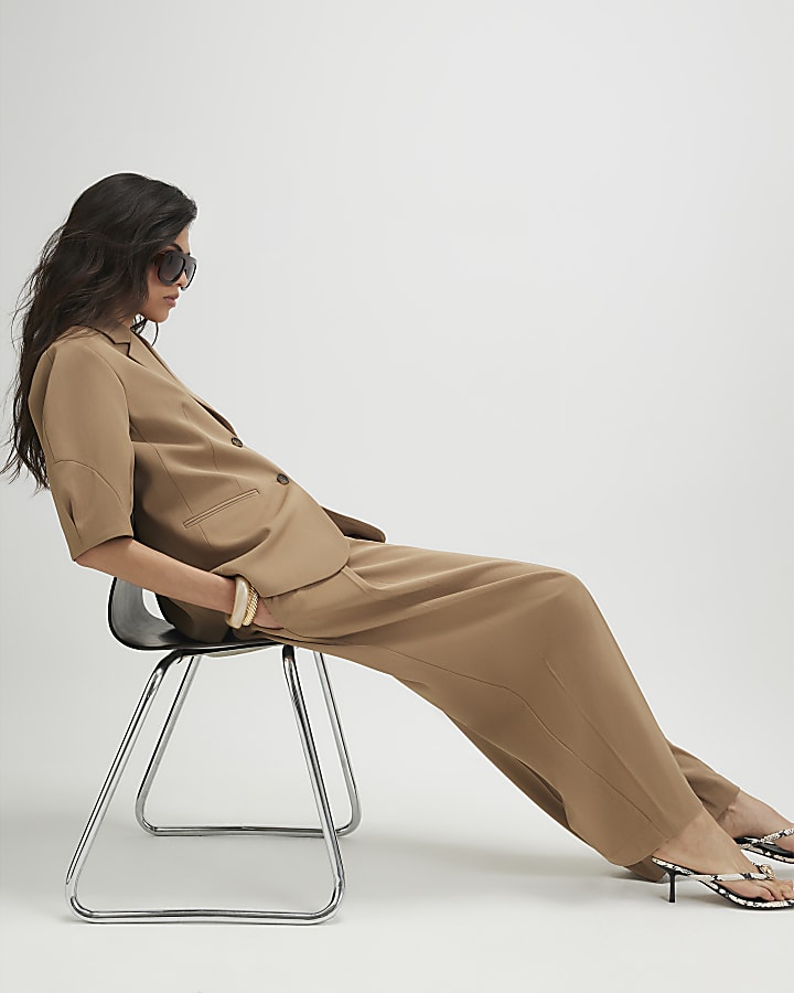 Beige Belted Barrel Leg Trousers