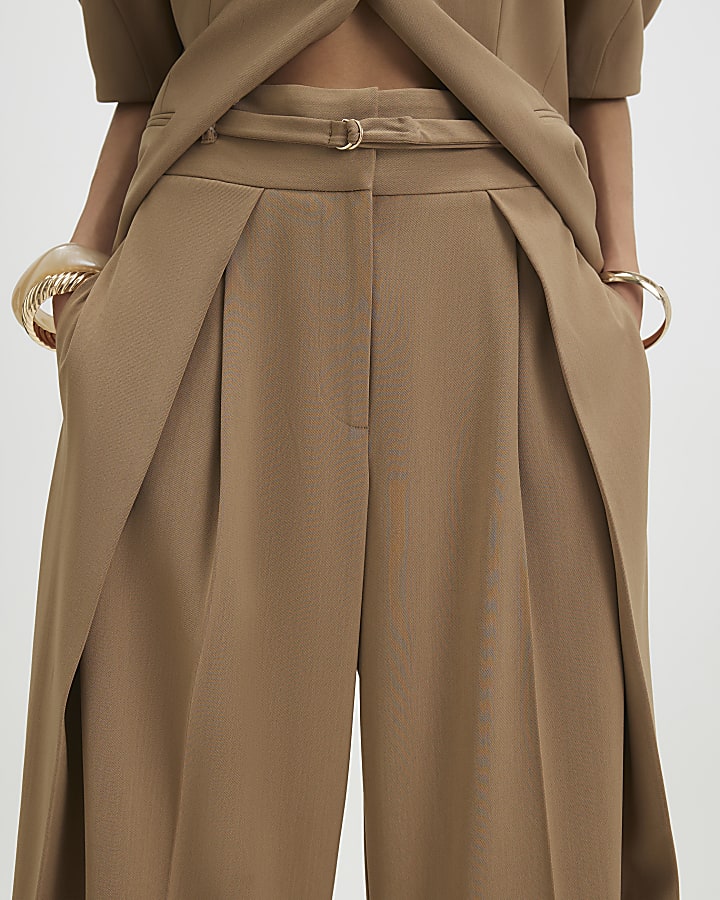 Beige Belted Barrel Leg Trousers