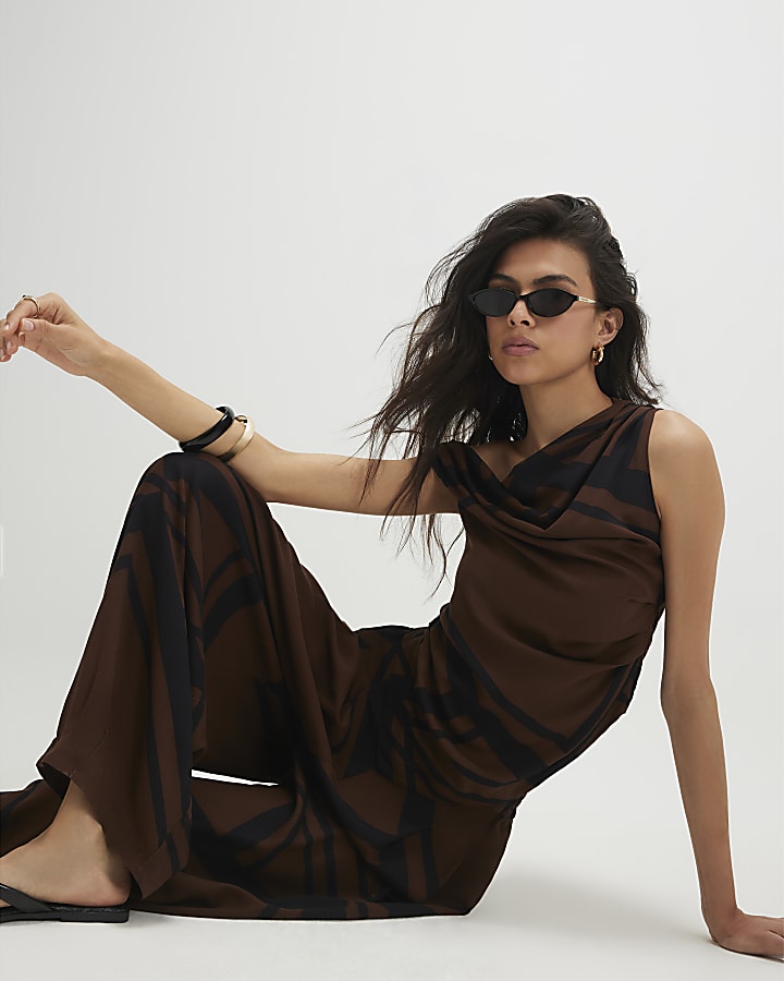 Brown Geometric Print Balloon Leg Trousers
