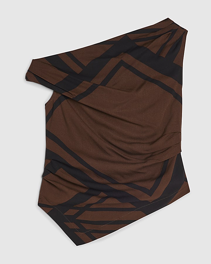 Brown Geometric Print Drape Asymmetric Top