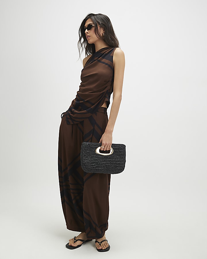 Brown Geometric Print Drape Asymmetric Top