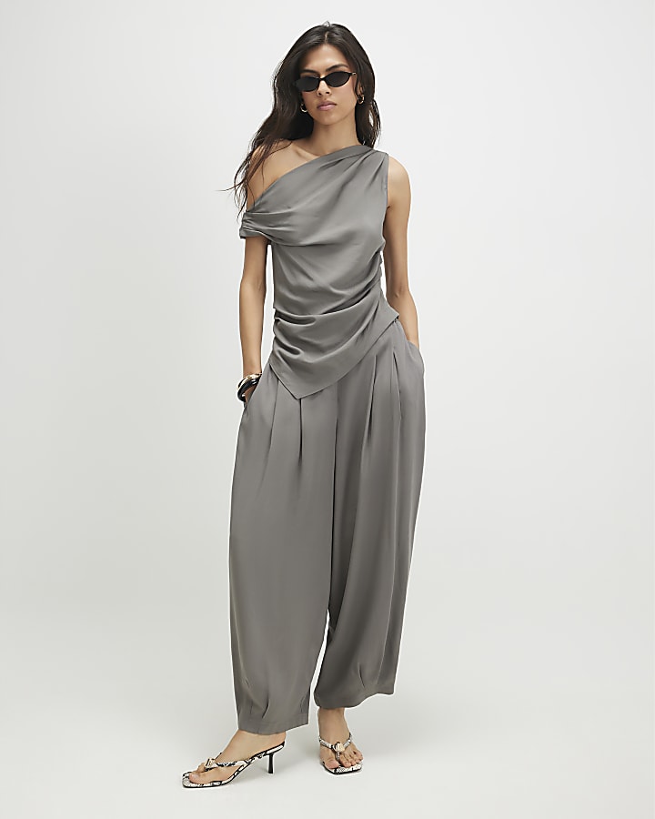 Khaki Asymmetric Drape Top