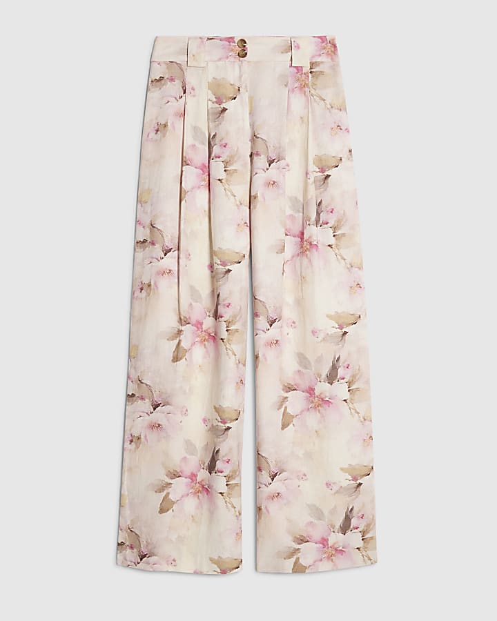 Pink Linen Blend Floral Wide Leg Trousers