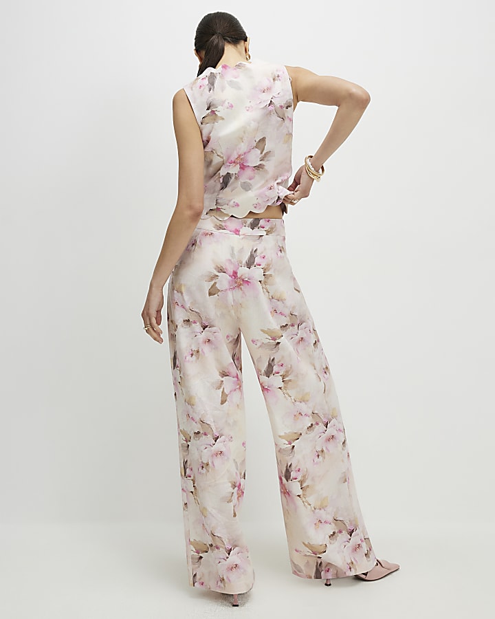 Pink Linen Blend Floral Wide Leg Trousers