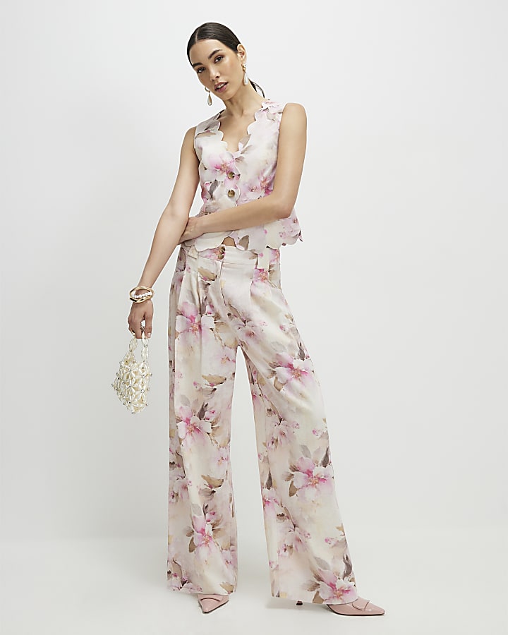 Pink Linen Blend Floral Wide Leg Trousers