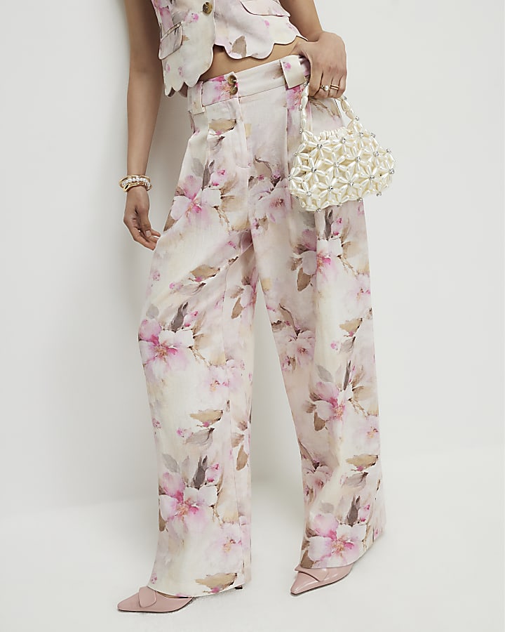 Pink Linen Blend Floral Wide Leg Trousers