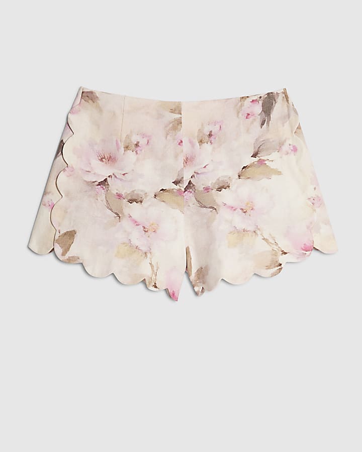 Pink Floral Scallop Trim Shorts