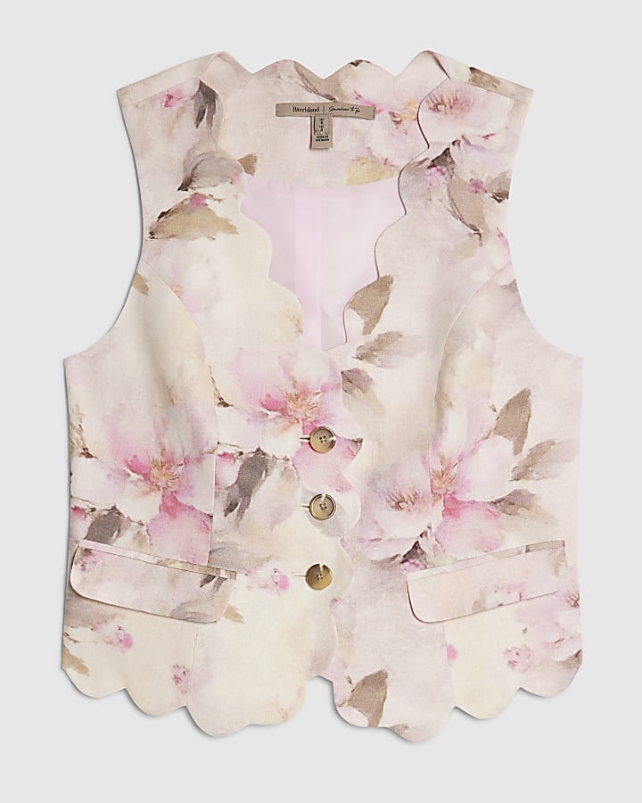 Pink Floral Scallop Trim Waistcoat
